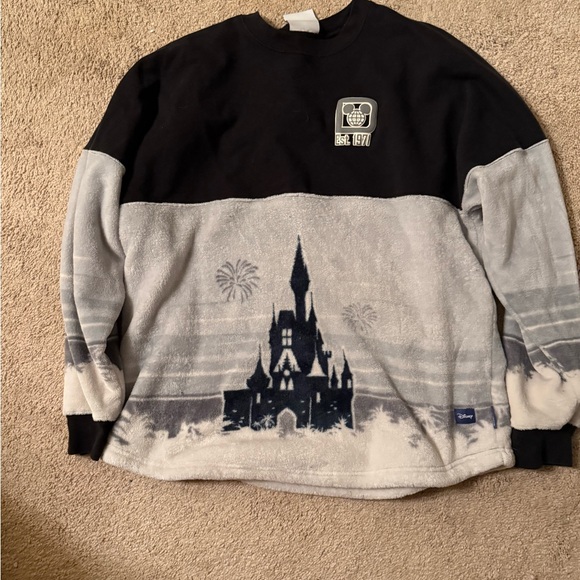 SPIRIT JERSEY Tops - Disney Women's Black and Light Gray Castle Crewneck Fleece Spirit Jersey.